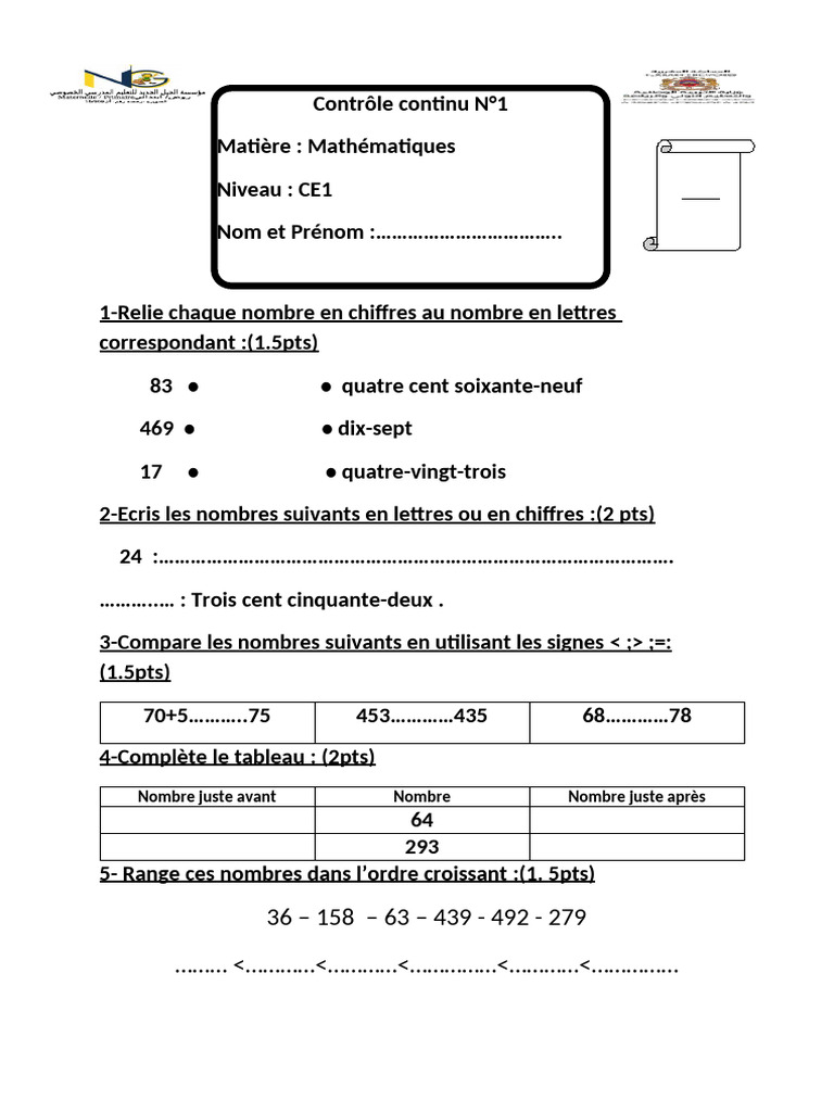 Contrôle de Mathématiques CE1 : Nombres et Comparaisons | PDF