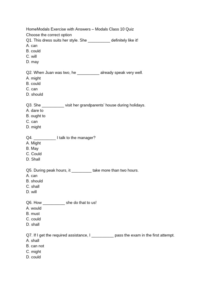 Class 10 Modals Exercise with Answers | PDF