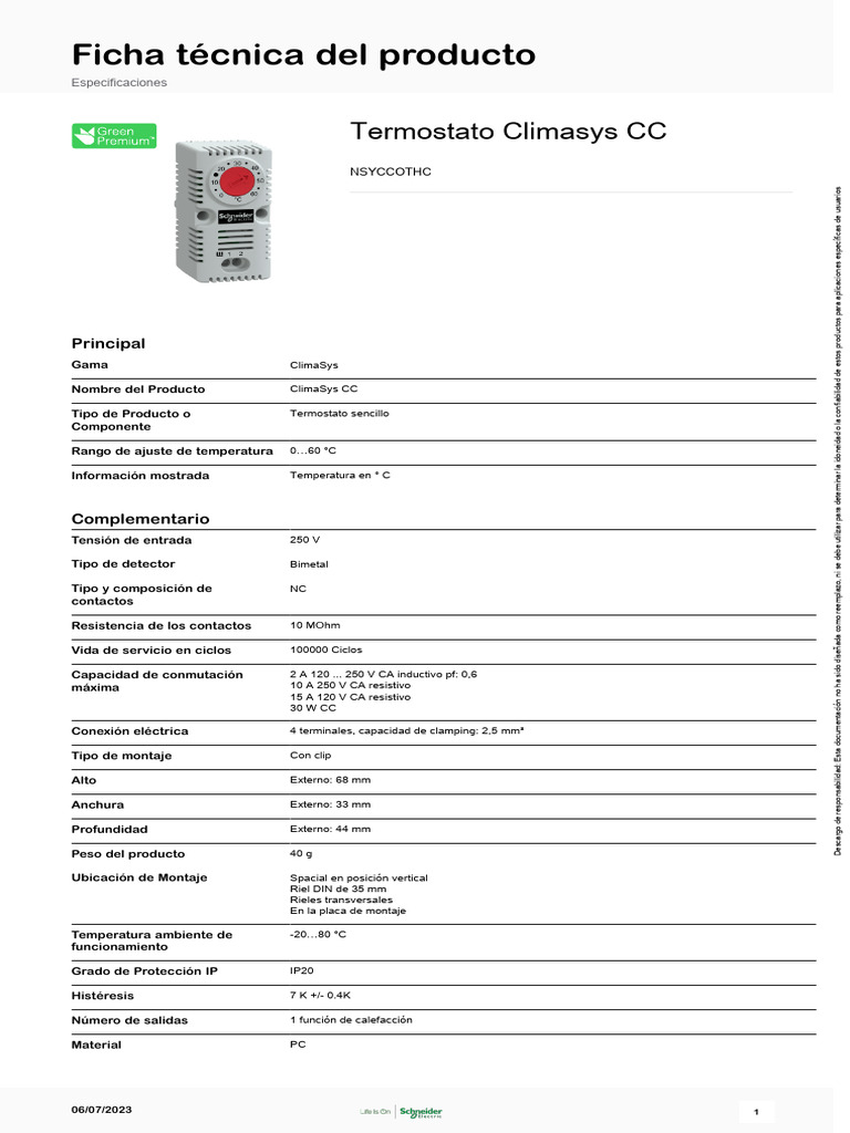 Termostato Climasys CC: Especificaciones Técnicas | PDF