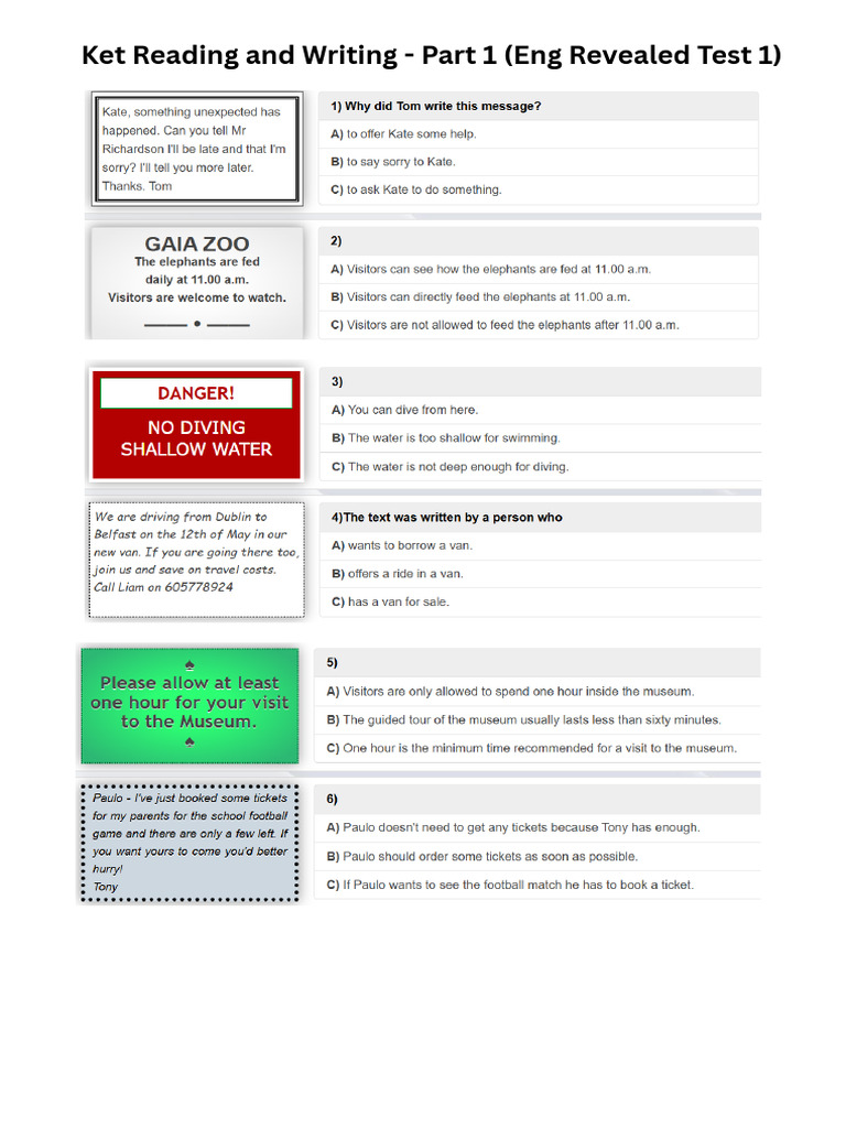 A2 Reading and Writing - Parts 1 - 5 English Revealed Test 1 | PDF