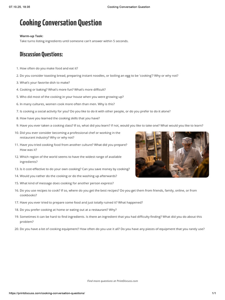 ESL Cooking Conversation Questions | PDF