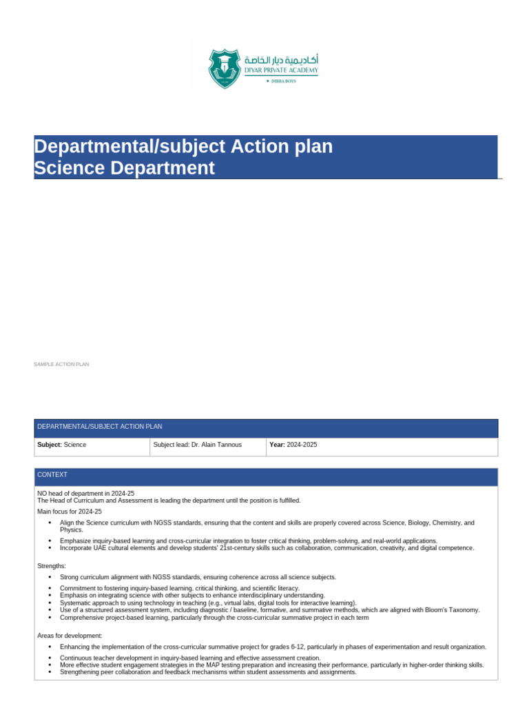Science Action Plan, 2024-2025 | PDF | Educational Assessment | Inquiry ...