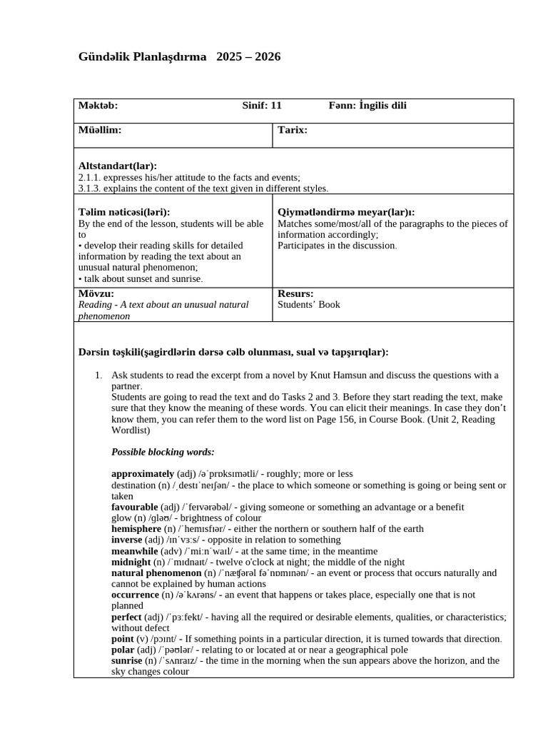 2025-2026 English Lesson Plan | PDF | Sky | Sunset