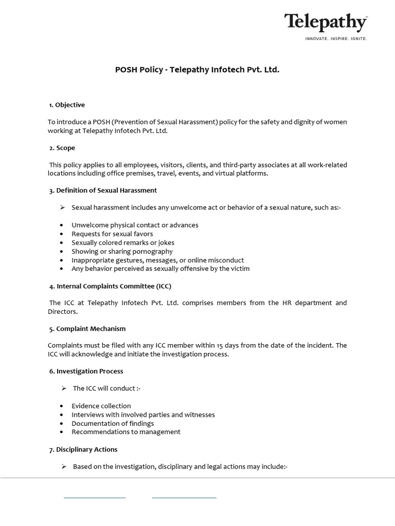 POSH Policy at Telepathy Infotech | PDF | Sexual Harassment | Violence