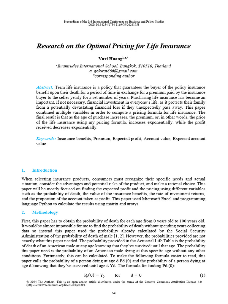 Optimal Life Insurance Pricing Research | PDF | Insurance | Life Insurance