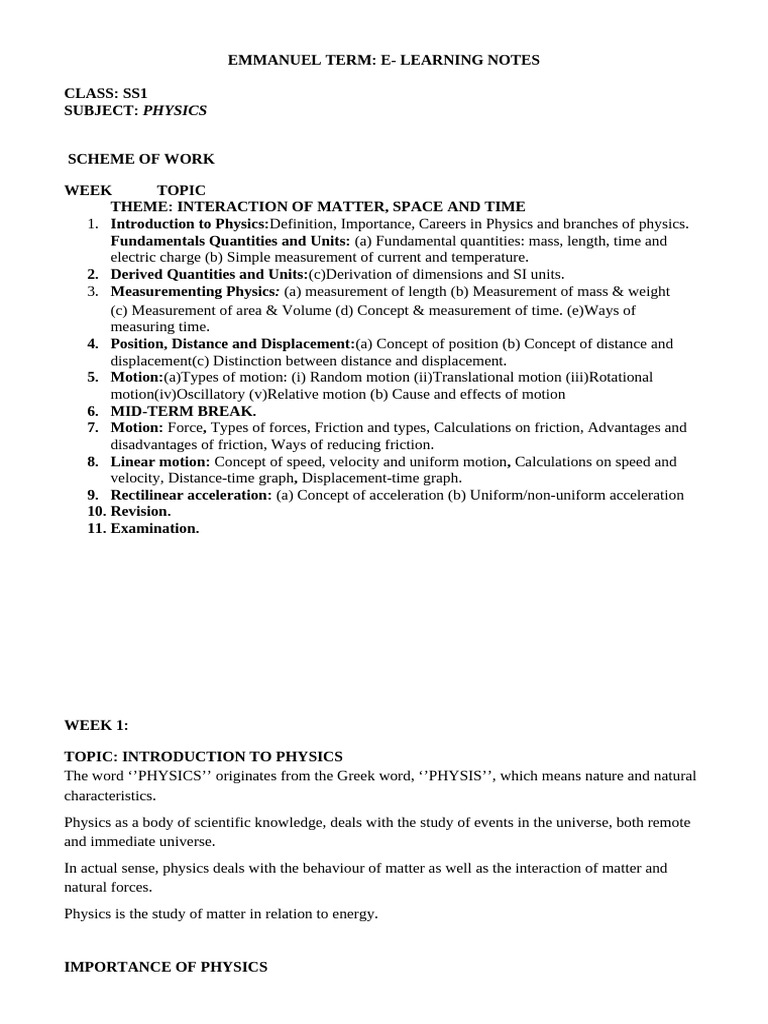 SS1 Physics E-Learning Notes | PDF | Force | Friction