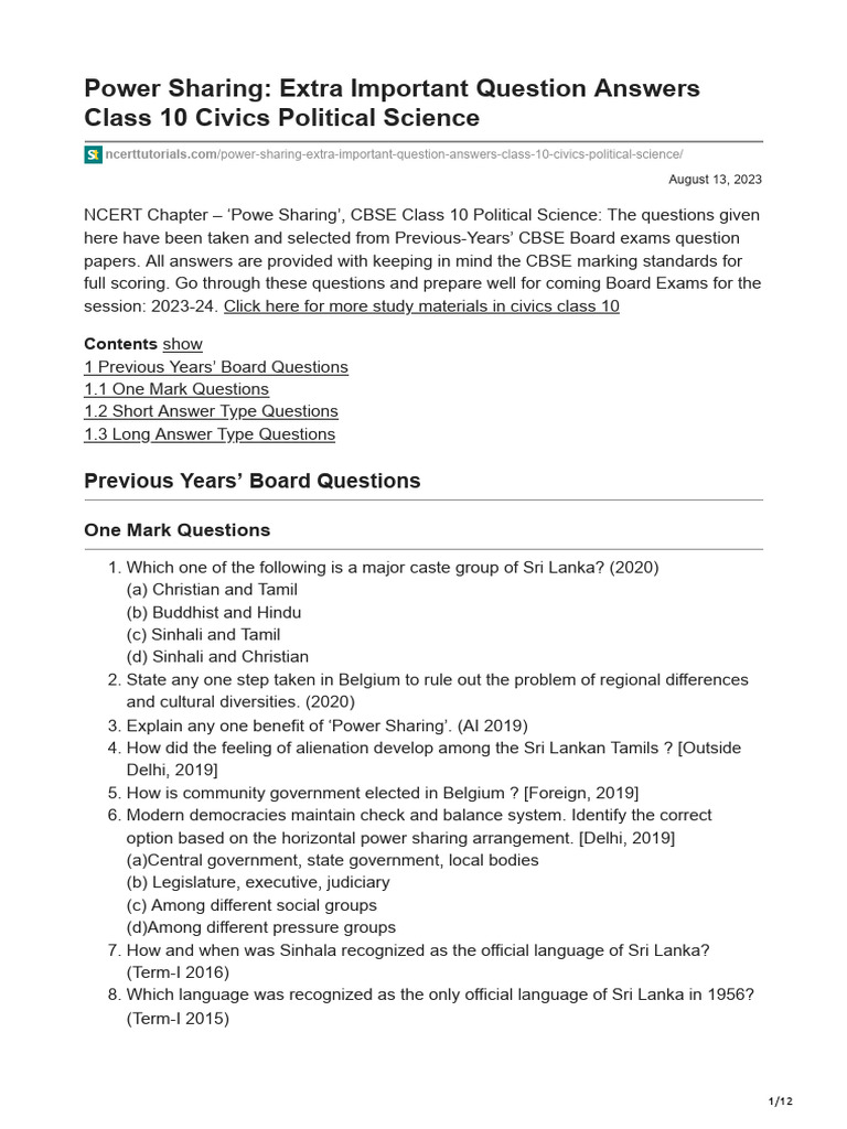 Power Sharing Q&A for Class 10 Civics | PDF | Sri Lanka | Belgium