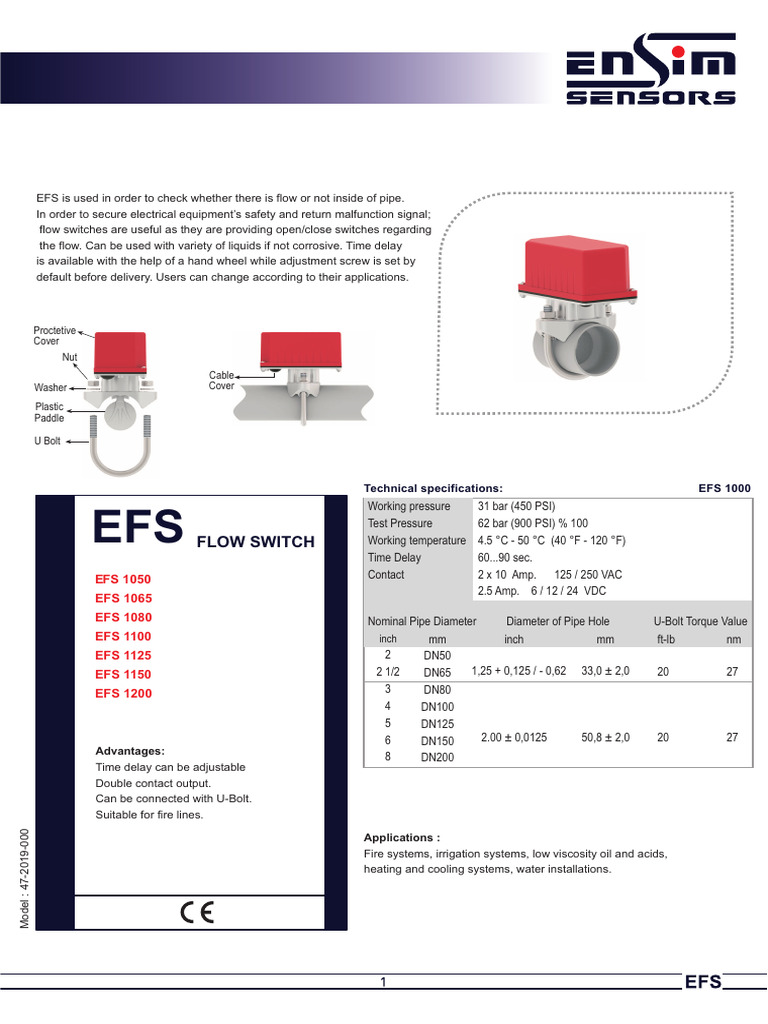 EFS Flow Switch Technical Specifications | PDF | Pipe (Fluid Conveyance ...