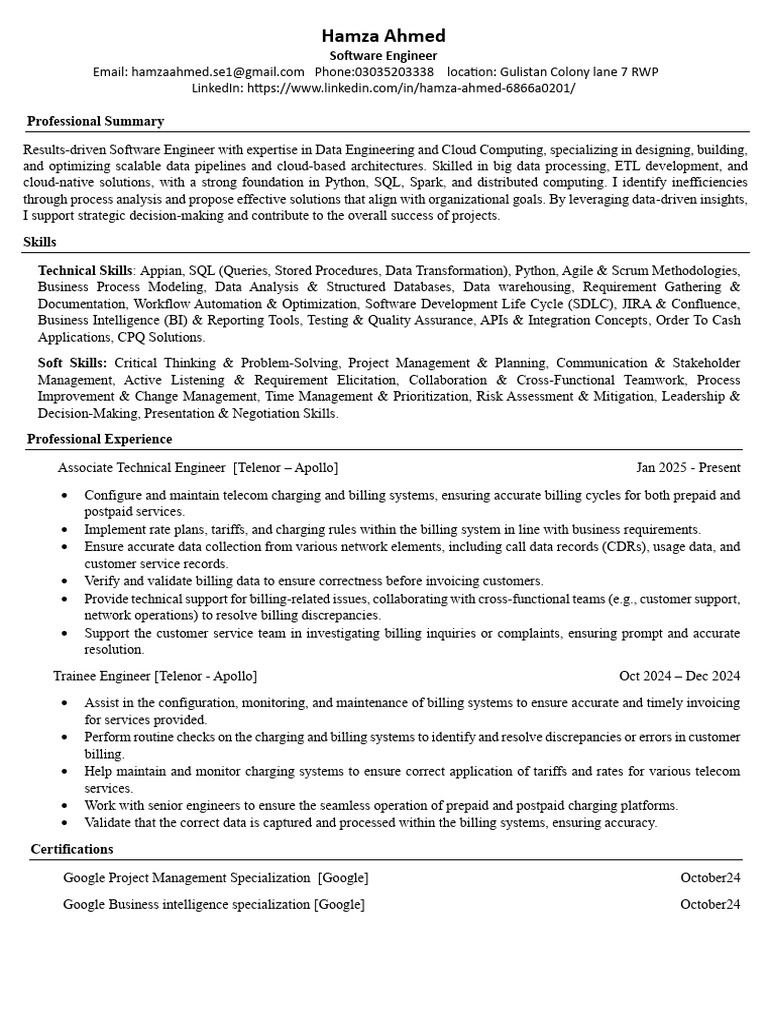 Hamza Ahmed - Software Engineer | PDF | Software Development Process ...