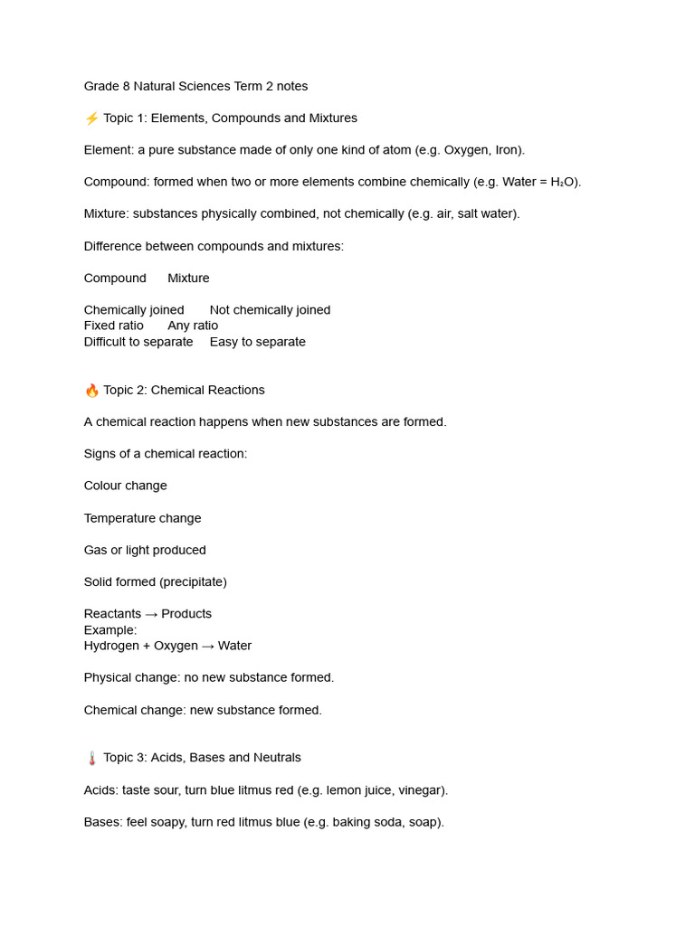 Grade 8 Natural Sciences Term 2 Notes | PDF