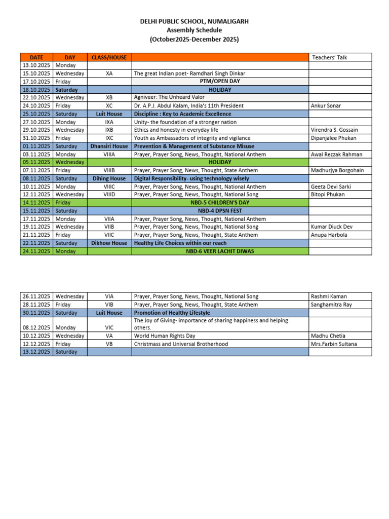 Assembly Schedule (Oct-Dec'25) | PDF