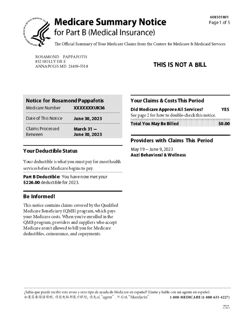 Medicare Summary Notice for Claims | PDF | Medicare (United States ...