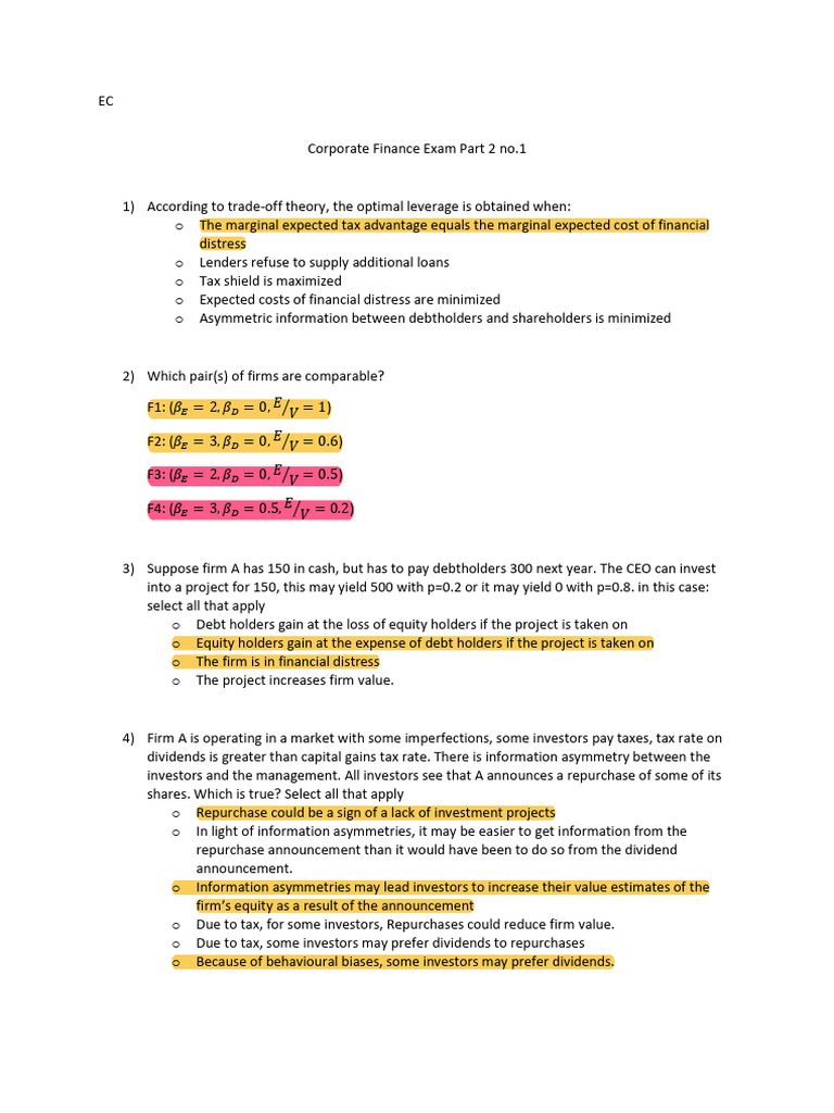 Corporate Finance Exam: Key Concepts | PDF | Cost Of Capital | Dividend