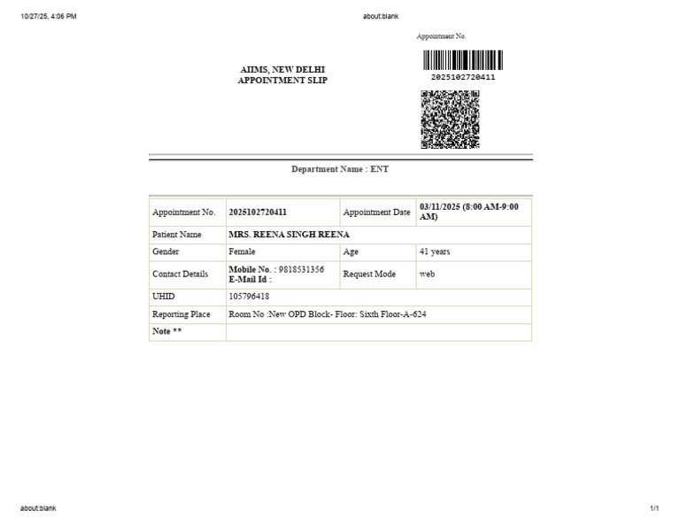 AIIMS ENT Appointment Slip | PDF