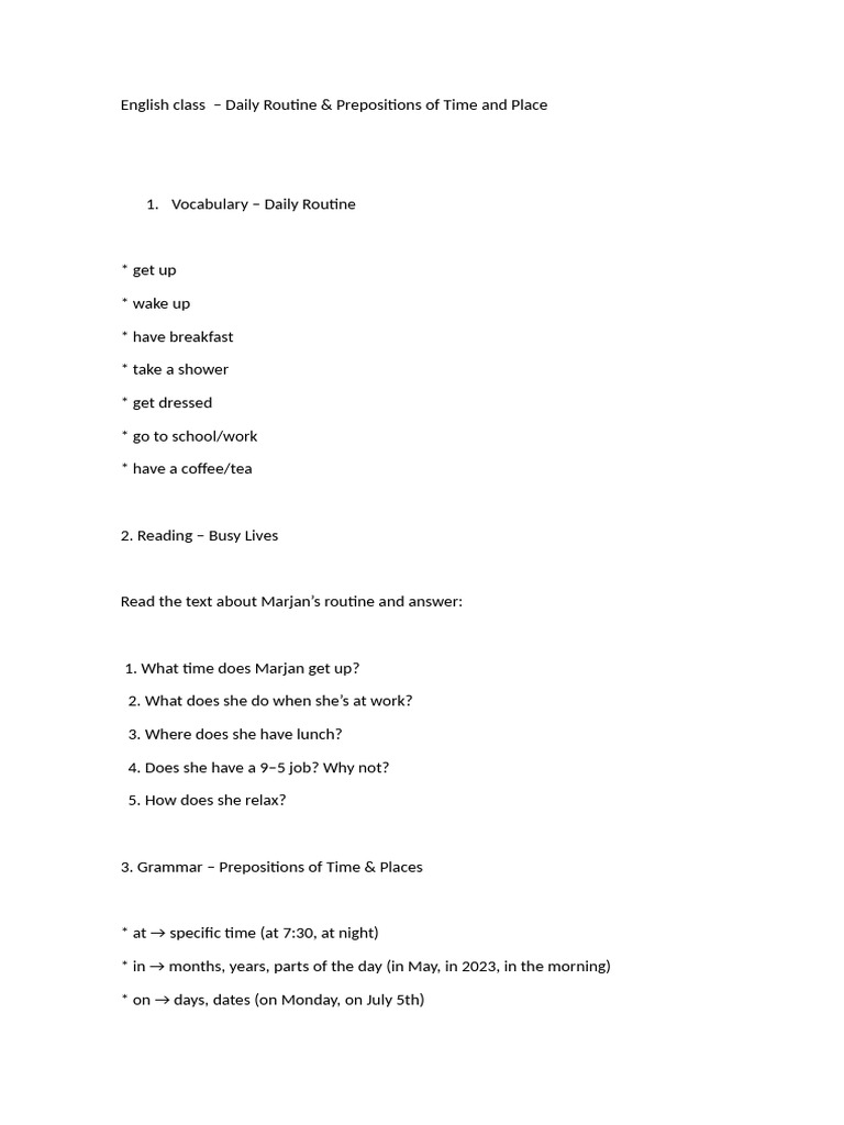 Daily Routine & Prepositions Guide | PDF