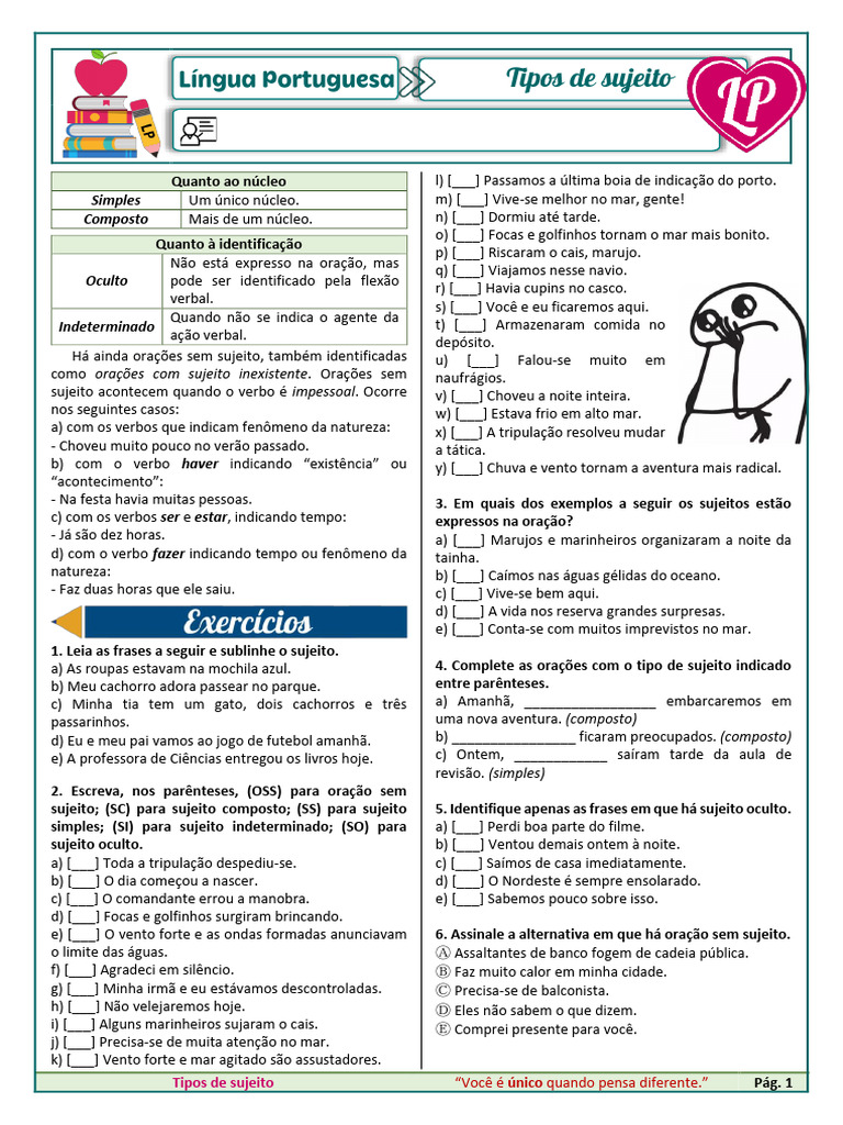 Tipos de Sujeito na Língua Portuguesa | PDF | Assunto (gramática) | Sintaxe
