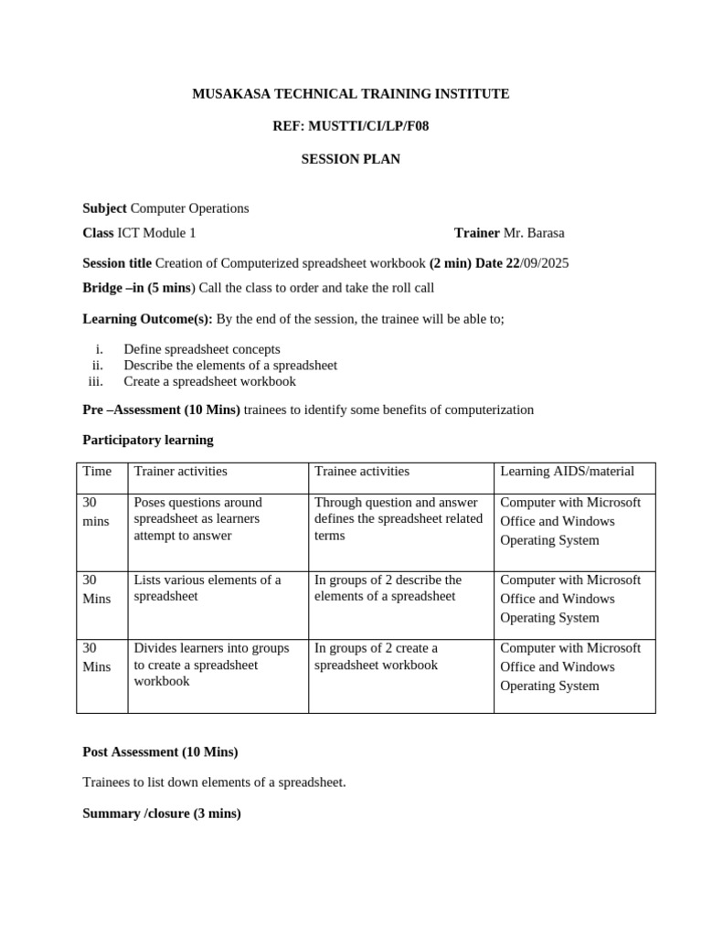 Manipulate Computerised Spreadsheet Session Plan | PDF | Microsoft ...