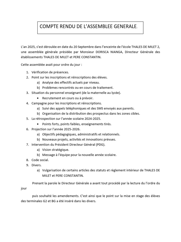 Compte Rendu Assemblée Générale 2025 | PDF