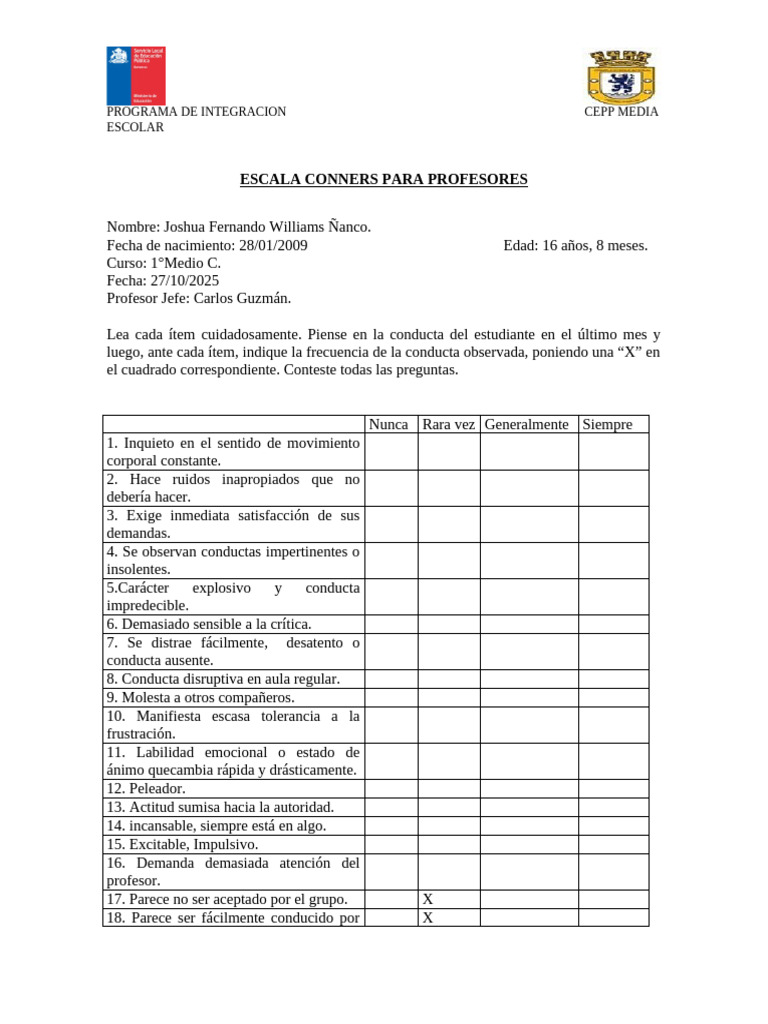 Escala Conners: Evaluación Conductual Escolar | PDF