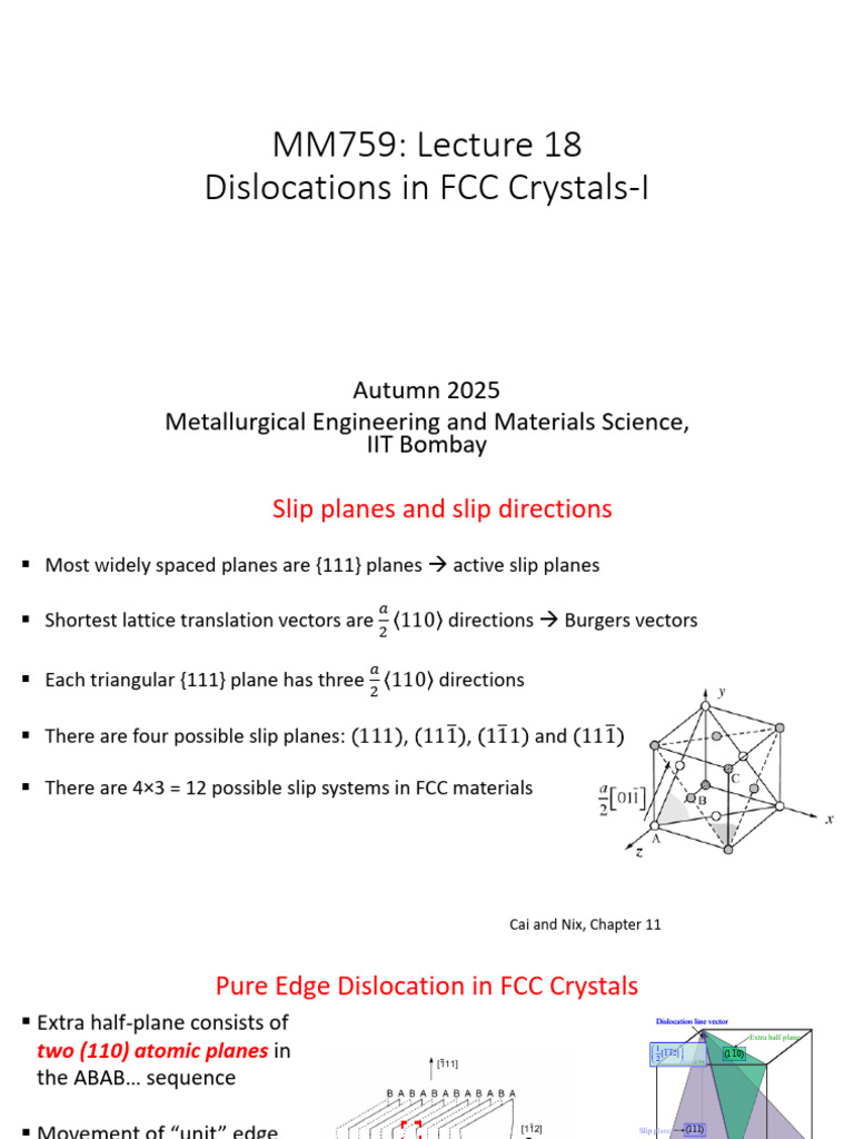 MM 759 - Lecture 18 - Dislocations in FCC Crystals-I | PDF ...