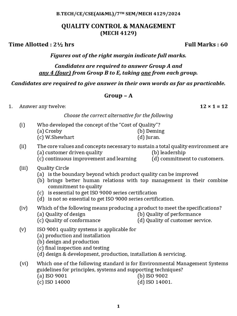 Quality Control & Management-Mech 4129 - 2024 | PDF | Quality ...