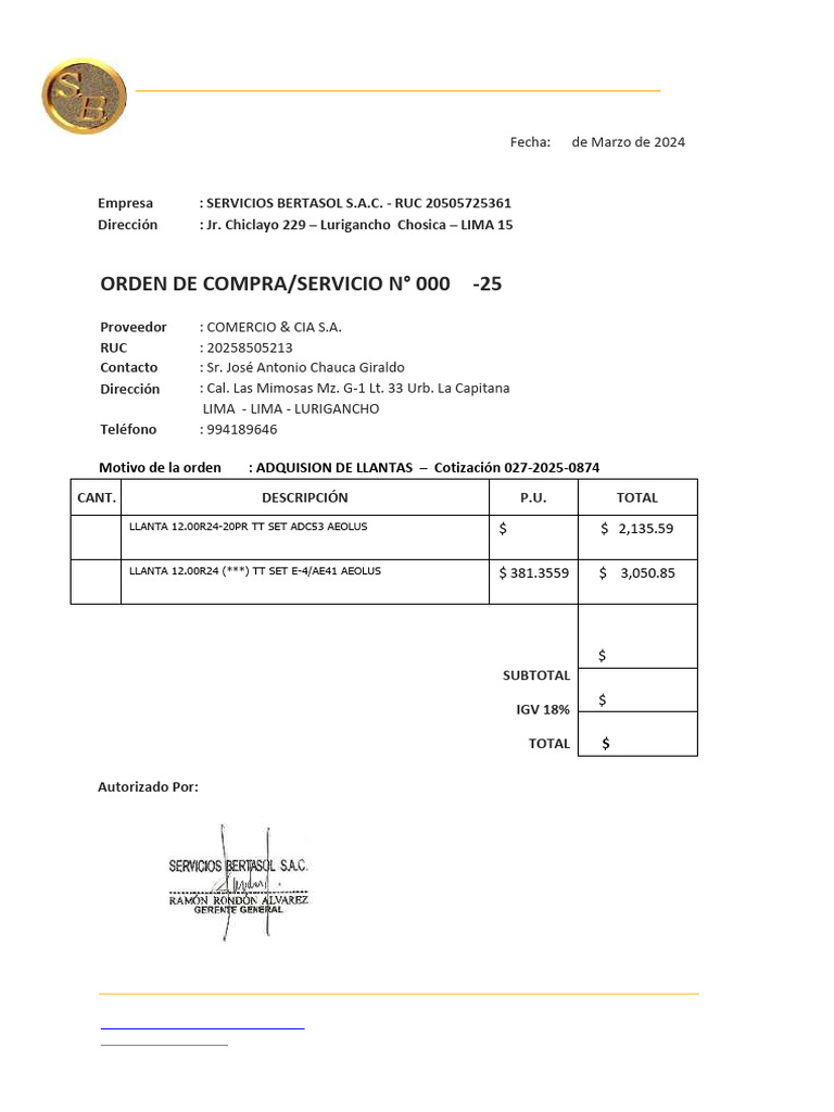 Orden de Compra de Llantas BERTASOL | PDF