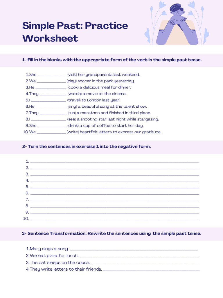 Lilac and Blue Printable Simple Past Practice Worksheet | PDF