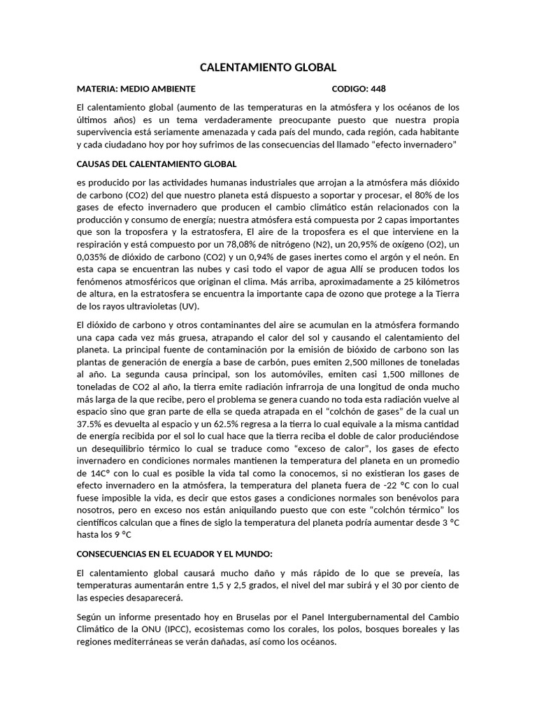 Causas y Consecuencias del Calentamiento Global | PDF | Atmósfera de ...