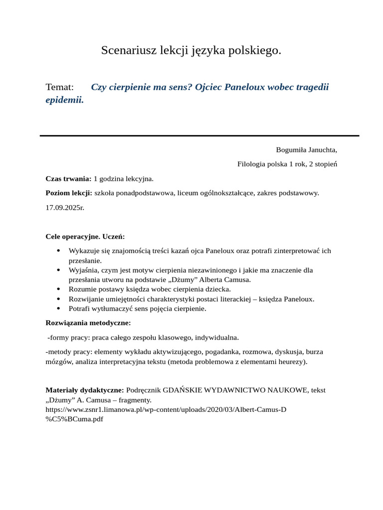 Scenariusz Lekcji Kazania Paneloux | PDF