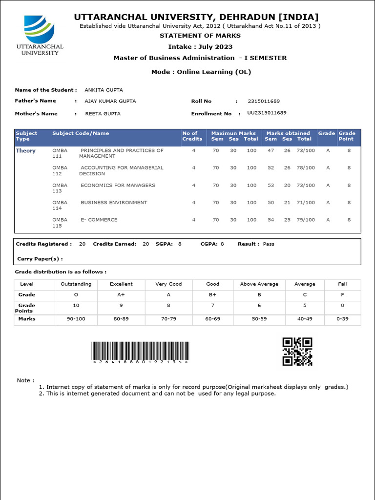 MBA Semester 1 Marks Statement | PDF | Business