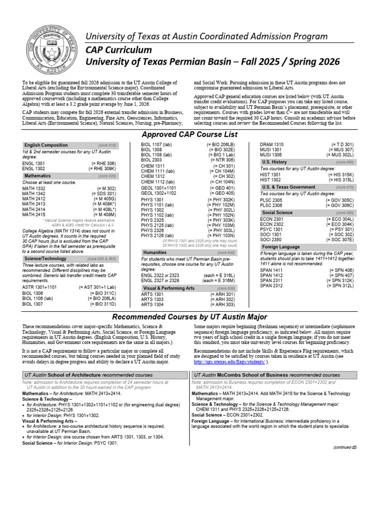 CAP Approved Course List for UT Austin | PDF | University Of Texas At ...