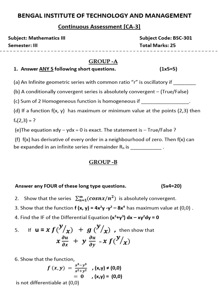 Mathmatics Ca3 Questions | PDF