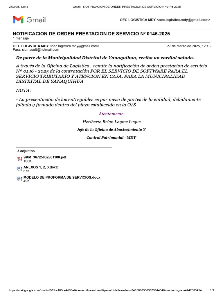Notificación Orden Servicio Software MDY | PDF
