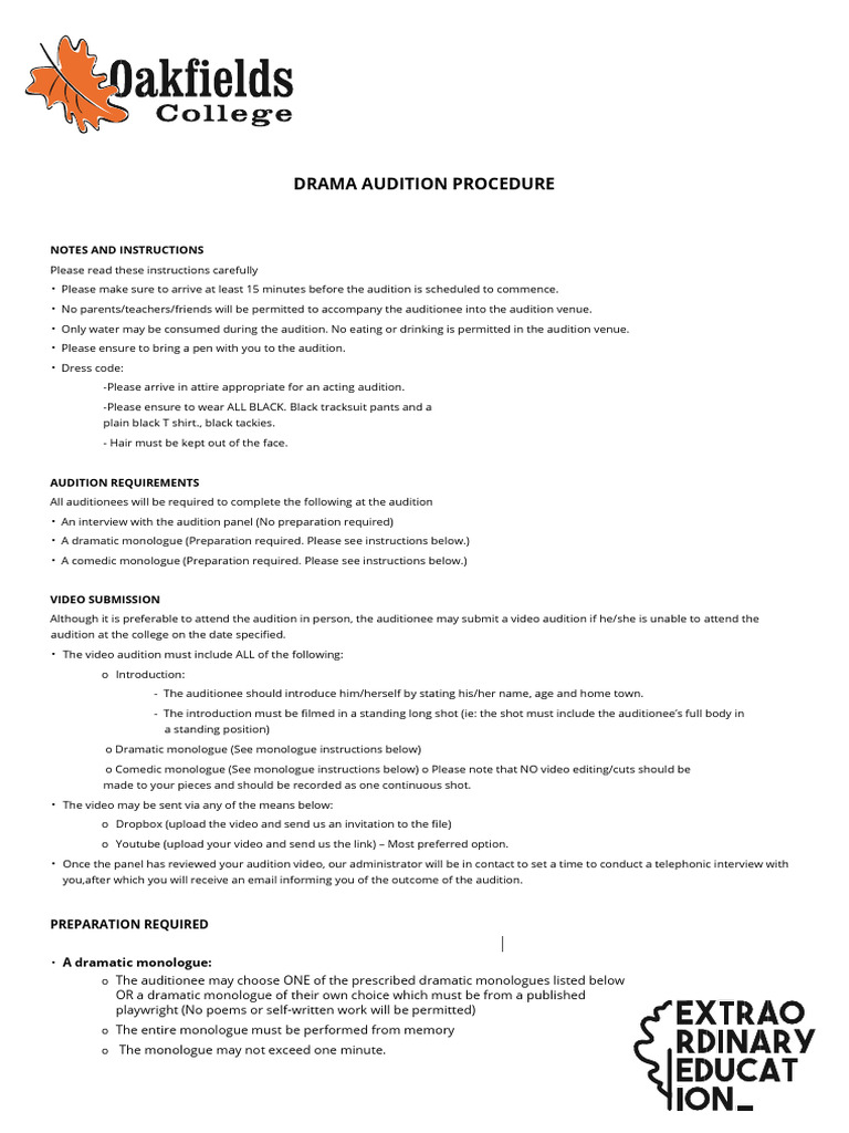 Ofc Drama Audition List Of Monologues 2025 Pdf Audition