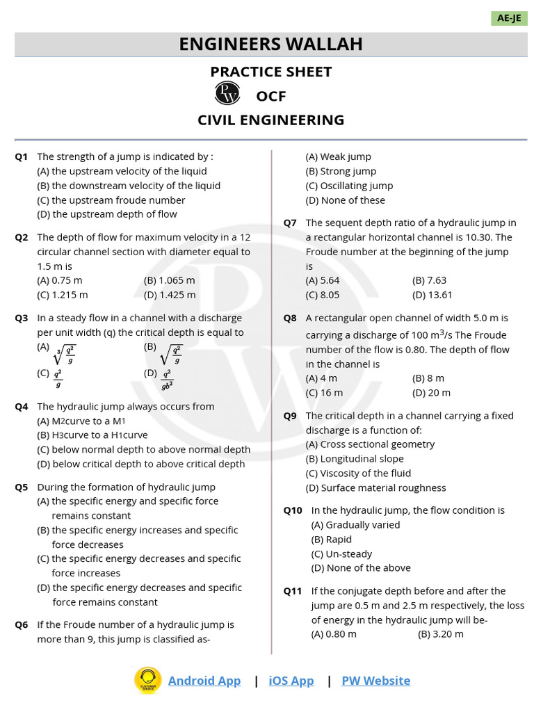 Open Channel Flow Practice Sheet - English - PDF Only | PDF | Mechanics ...