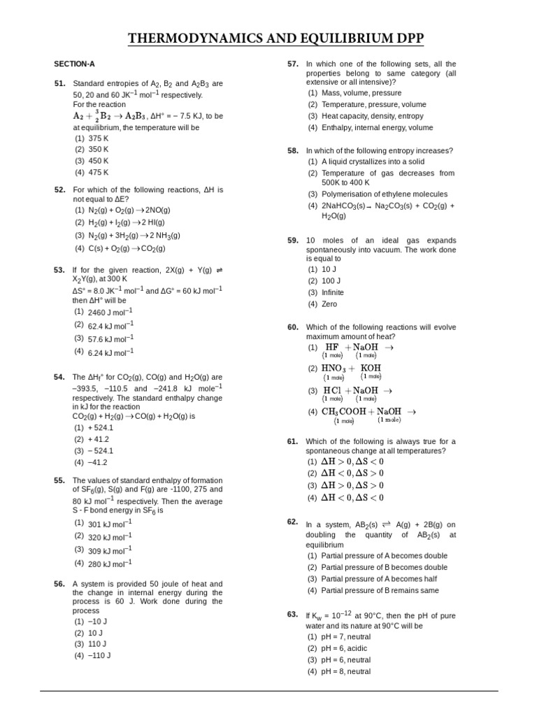 Thermodynamics and Equilibrium Questions | PDF | Entropy | Gases