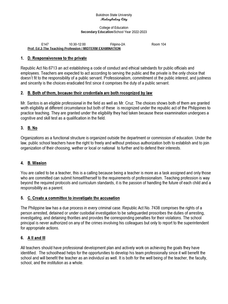 Midterm Exam: Teaching Profession Insights | PDF | Utilitarianism ...
