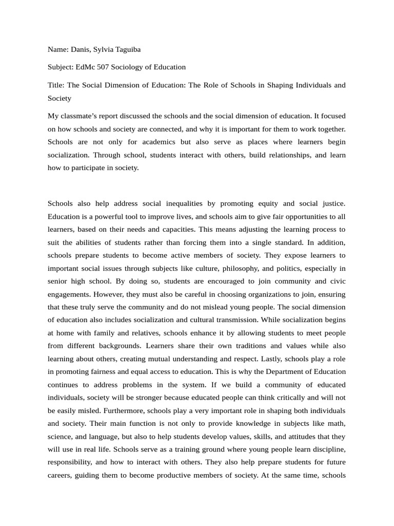 Schools and The Social Dimension of Education | PDF | Learning ...