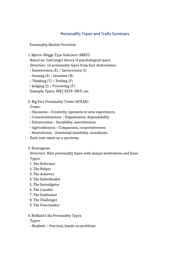 Overview of Personality Types and Models | PDF