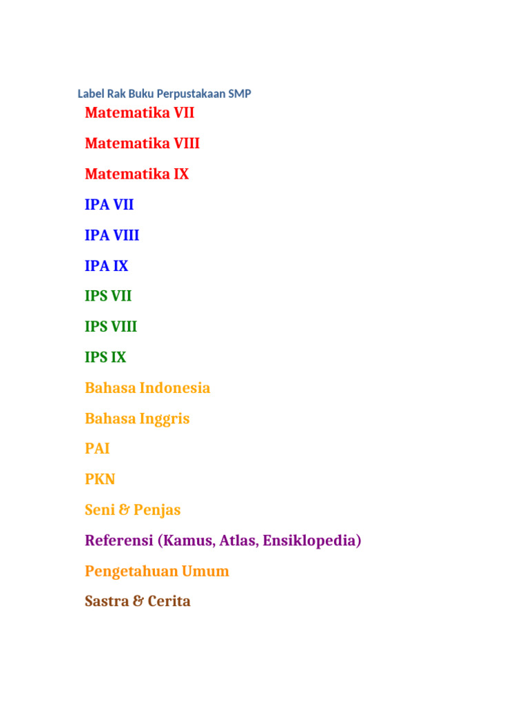 Label Rak Buku SMP | PDF
