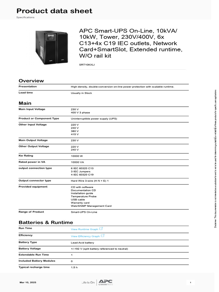 APC Smart-UPS 10kVA Online UPS | PDF | Electronics | Electric Power