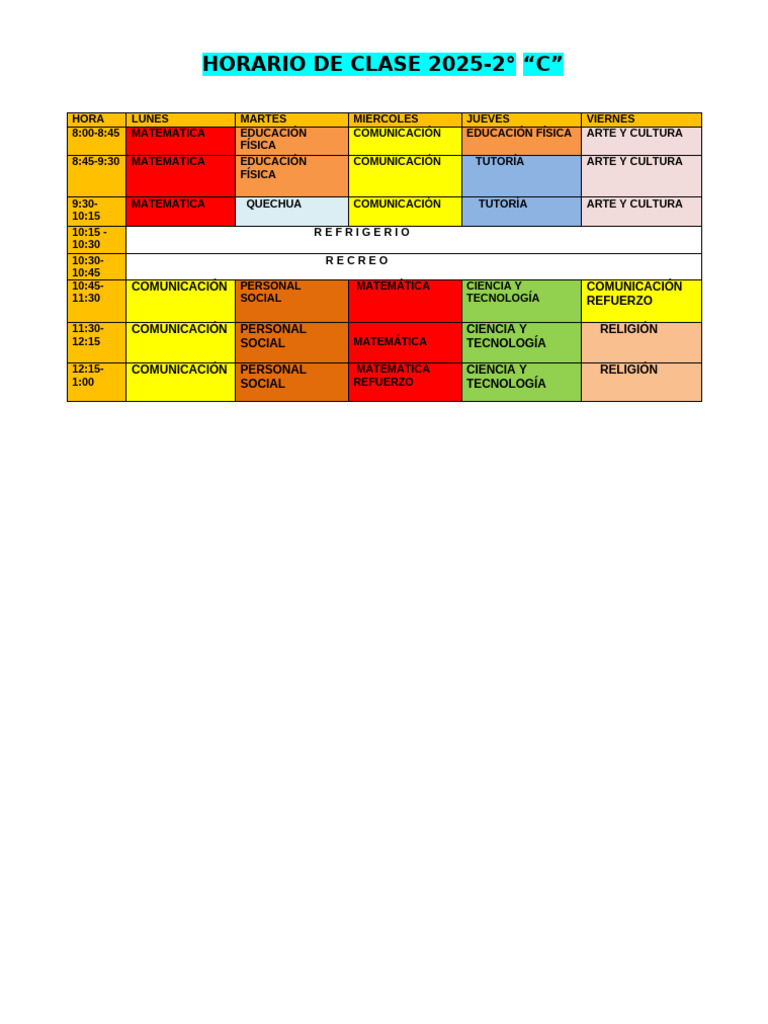 Horario Clases 2° "C" 2025 | PDF