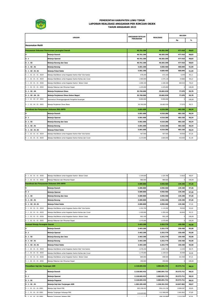 Laporan Realisasi Anggaran 2023 Luwu Timur | PDF
