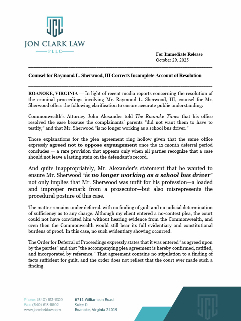 Sherwood Counsel Statement 10-29-25 | PDF | Plea Bargain | Plea