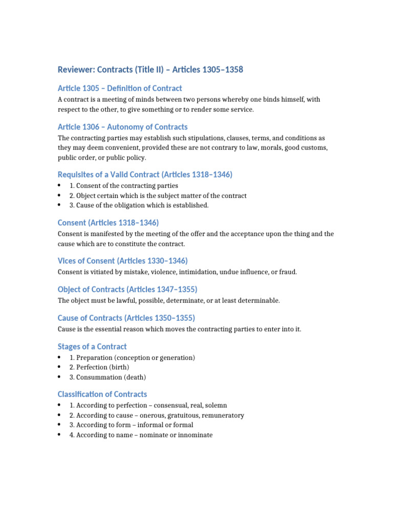Overview of Contract Law Articles 1305-1358 | PDF
