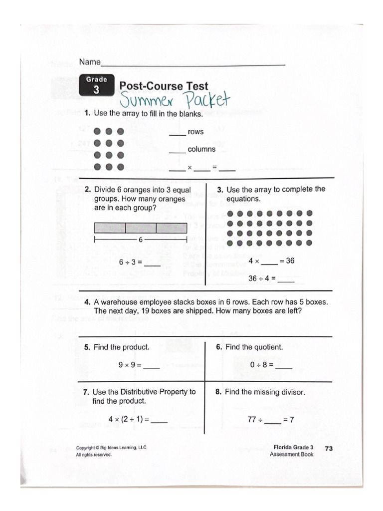 Incoming 4th Grade Math Summer Packet - Review of 3rd Grade Skills | PDF