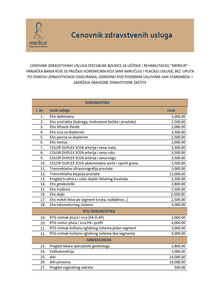 Cenovnik Medicinskih Usluga | PDF