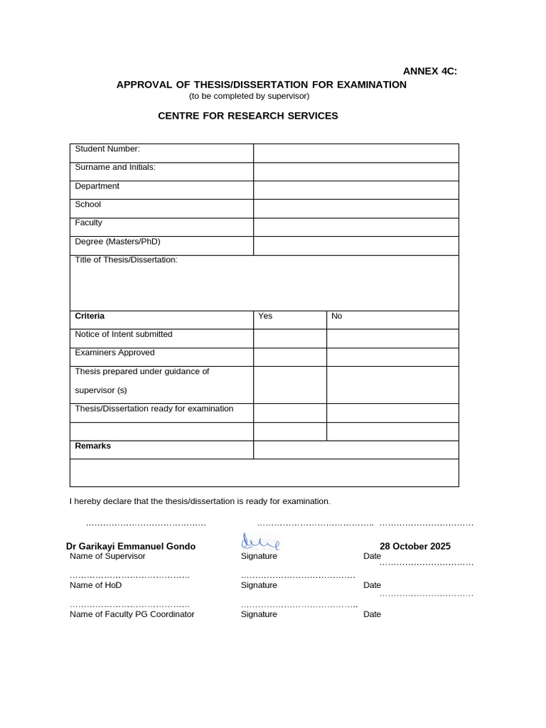 Annex 4c Approval of Thesis Dissertation For Examination | PDF