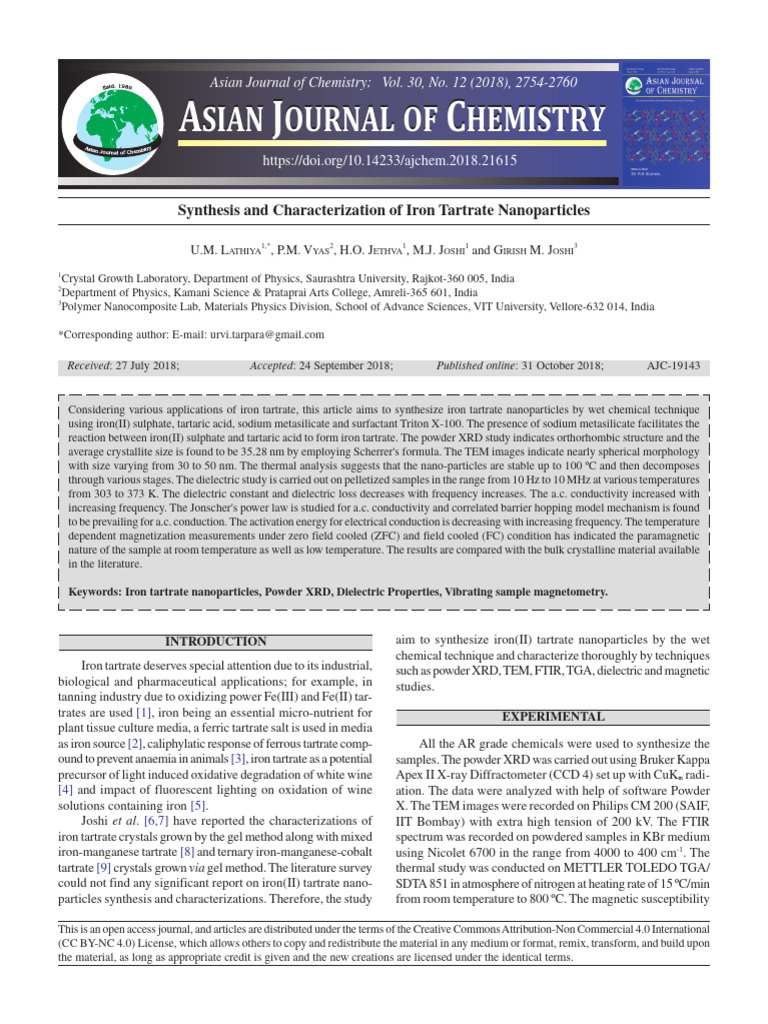 Synthesis and Characterization of Iron Tartrate Nanoparticles | PDF ...