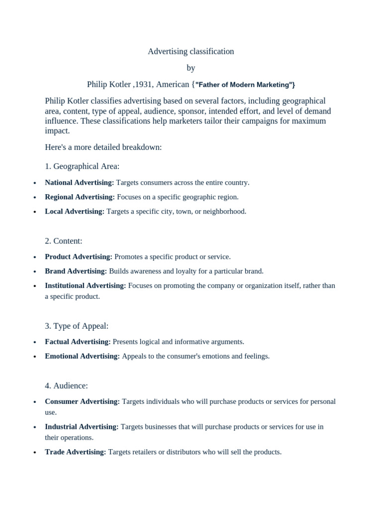 Advertising Classification by Kotler | PDF